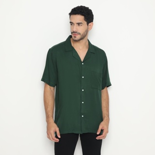Kemeja Maxxwell保齡球衫男士休閒襯衫短袖古巴領-卡其色合身松綠色