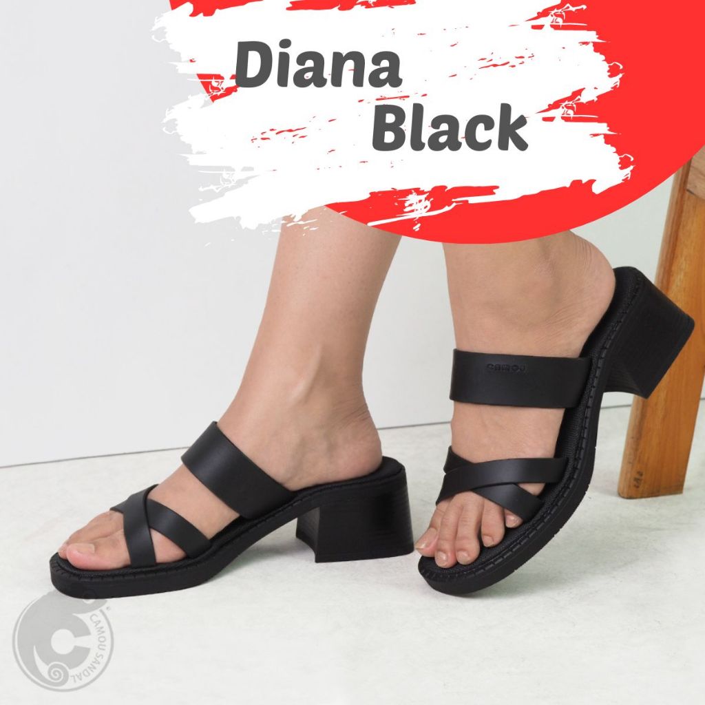 Camou Diana 女式涼鞋涼鞋後跟豆腐 Camau 高跟鞋女孩涼鞋 Hils 涼鞋涼鞋 Comau Hels 黑色