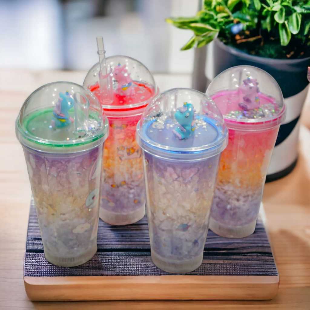 Rainbow Led 玻璃杯獨角獸玻璃杯 Led 飲水瓶獨角獸飲水瓶不倒翁閃光 Led 飲水瓶免費吸管韓國美學防溢食品