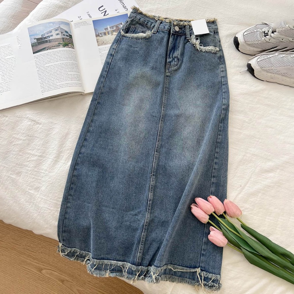 Contemporary.factory Jeans Skirt A字高腰牛仔褲裙女中長裙韓版藍色牛仔褲裙女中長款高腰寬