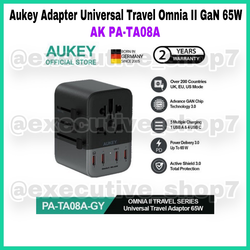 Aukey 適配器通用旅行 Omnia II GaN 65W AK PA-TA08A 2 年官方保修