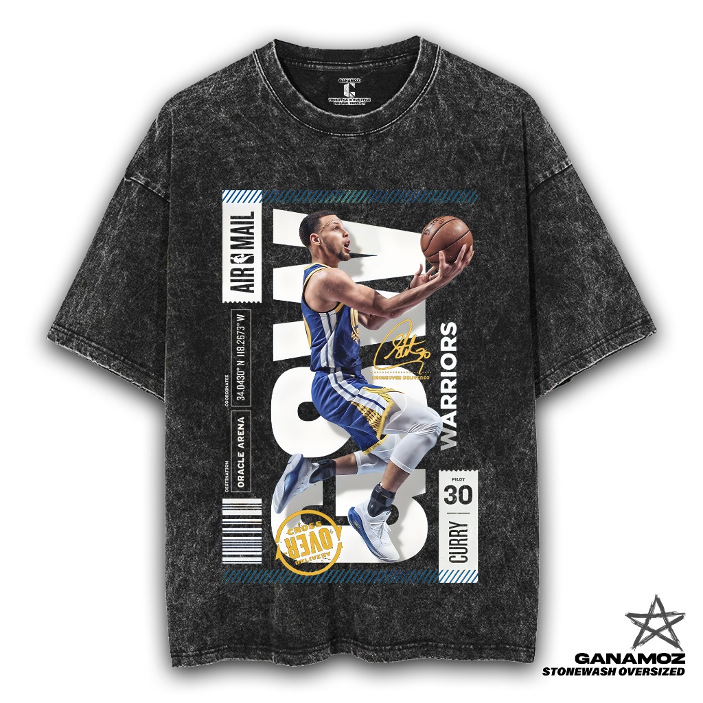 Ganamoz 籃球 T 恤 Stephen Curry WARRIORS Stone Wash Oversize 中性