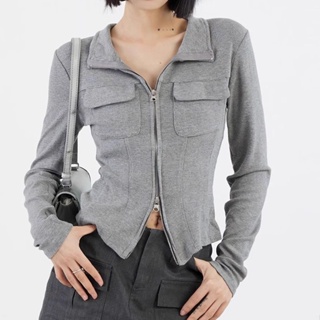 女式拉鍊大衣韓版性感修身長袖/素色女式拉鍊開衫大衣