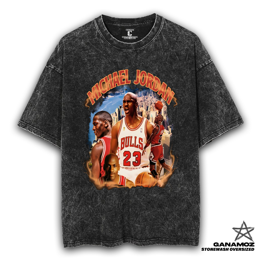 Ganamoz 籃球 T 恤 Michael Jordan NY CITY Stone Wash Oversize T