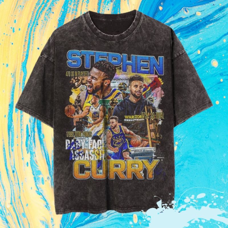 Stephen Curry GSW 籃球運動員水洗 T 恤/斯蒂芬庫裡 NBA 勇士隊復古超大 T 恤