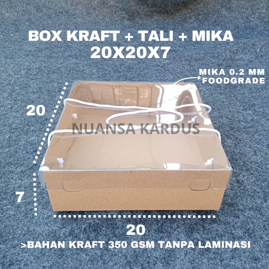 盒牛皮紙雲母塔利 20x20x7 厘米用於蛋糕盒蛋糕麵包撻盒包裝禮籃 Dus Kraft Tali Tutup Mika