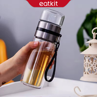 Eatkit 420ml 雙層玻璃瓶泡茶器注入飲水瓶玻璃茶過濾器 Tumblr 玻璃茶壺浸泡器木柄