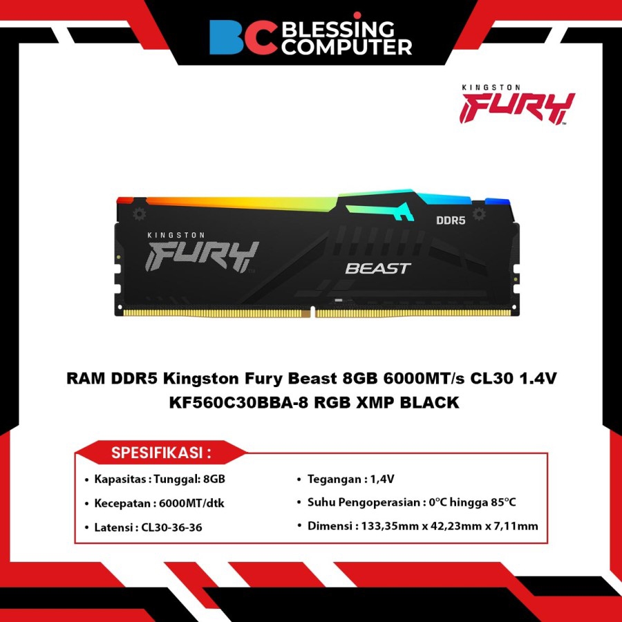 內存 DDR5 金士頓 Fury Beast 8GB 6000MT/s CL30 1.4V KF560C30BBA-8