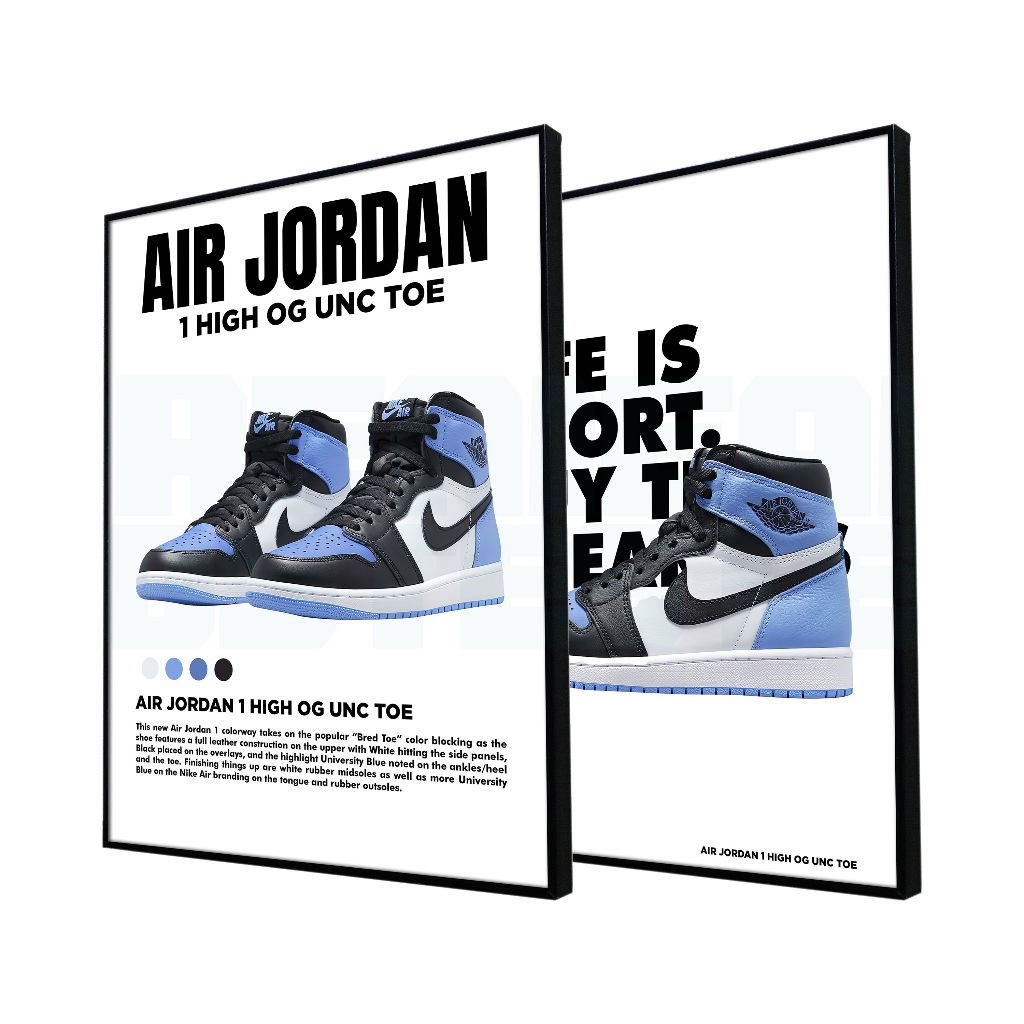 耐吉 海報耐克框架塊 A3 尺寸 30x40 厘米海報耐克 Air Jordan 1 高 OG UNC 腳趾