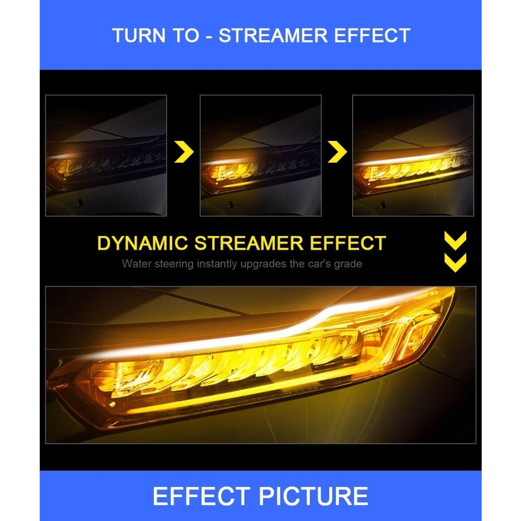 Putih 2 件裝汽車 LED 日間行車燈超薄導向燈條 60 厘米掃描雙色白色和黃色轉向燈流光裝飾燈帶轉向燈汽車日間行