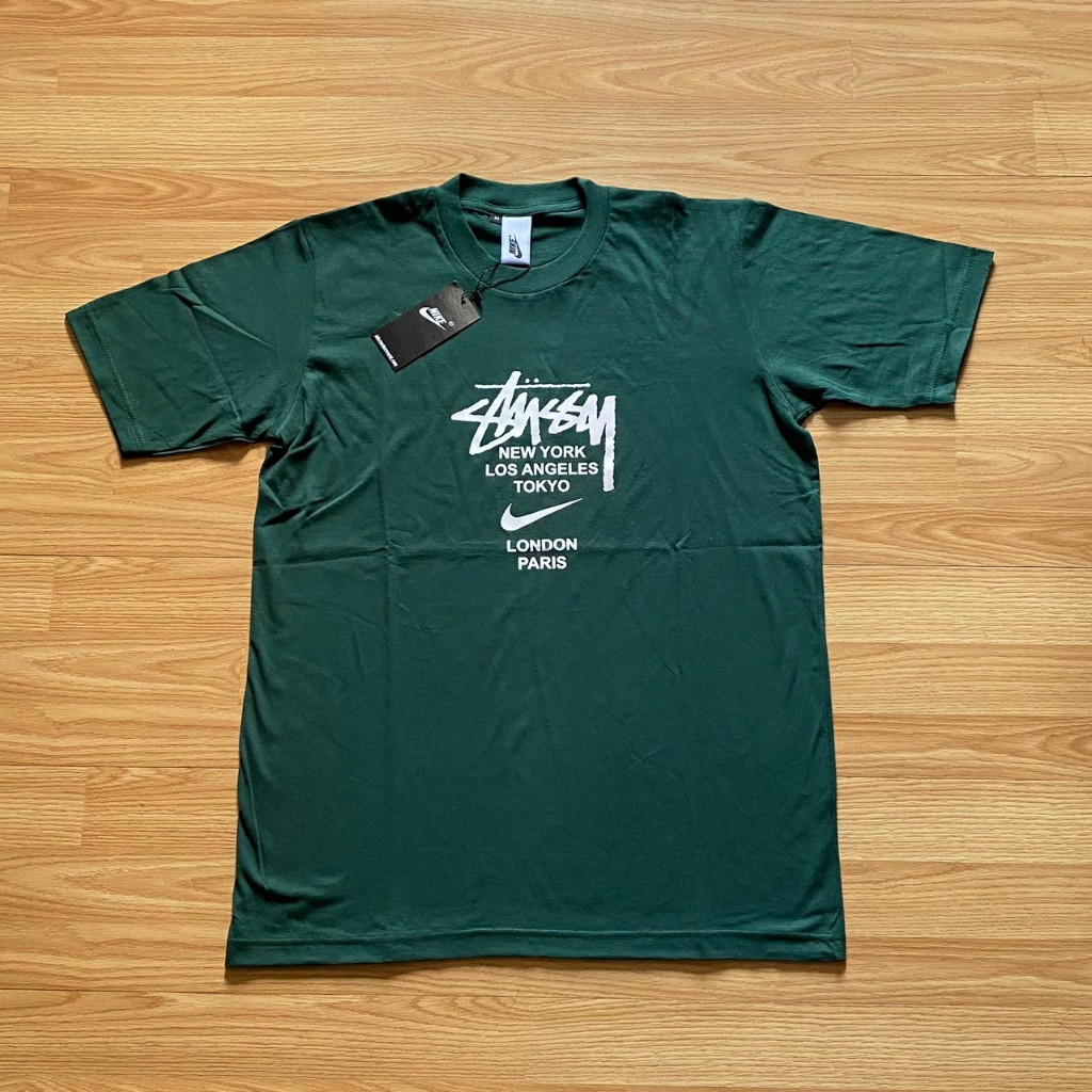 耐吉 Hijau Stussy X NIKE WORLD WIDE 綠色高級品牌 T 恤