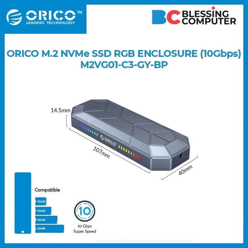 Orico M.2 NVMe SSD RGB 外殼 10Gbps M2VG01-C3-GY-BP 外殼 SSD M2