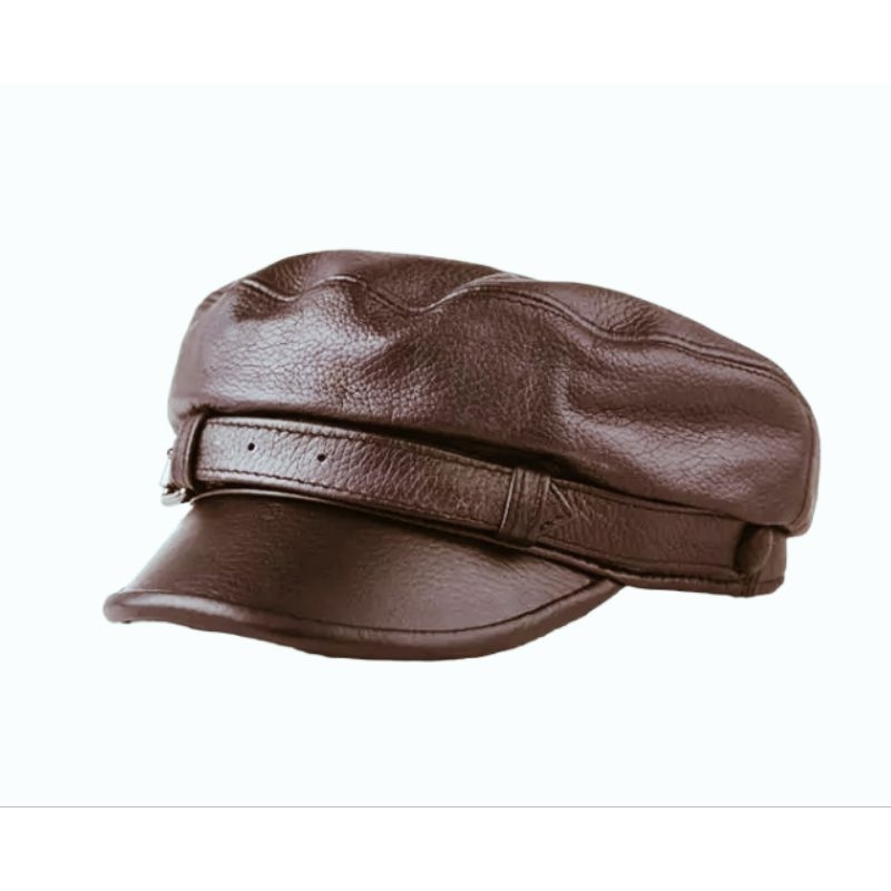 男式警察帽棕色真皮羊皮原創設計加魯特酷皮革警察帽 019