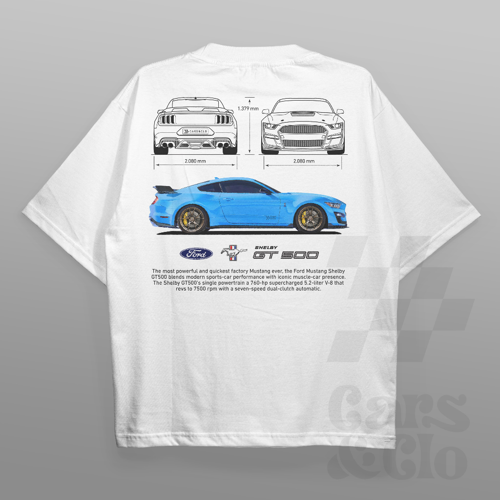 汽車和 Clo 常規版型白色福特野馬 Shelby GT500 藍圖 T 恤