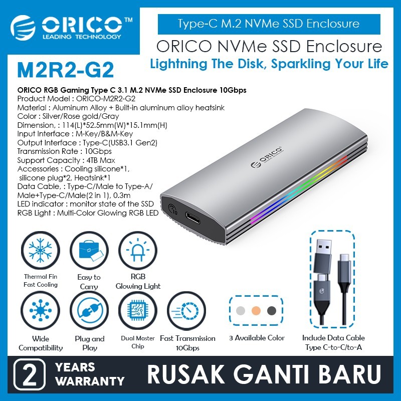 Orico RGB 遊戲 C 型 3.1 M.2 NVMe SSD 外殼 10Gbps M2R2-G2