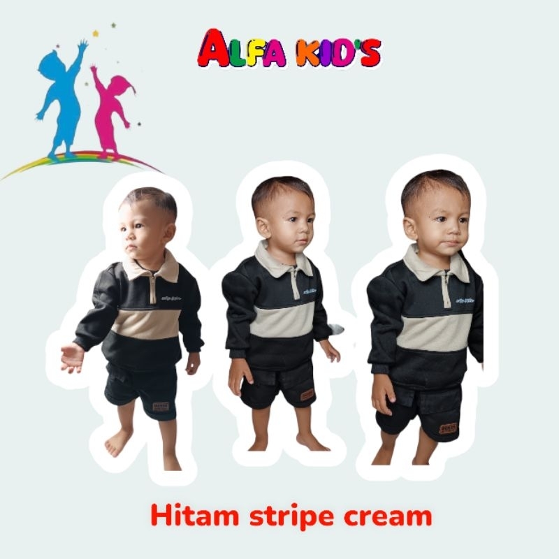 Hitam 連帽衫兒童橄欖球黑色條紋奶油色 alfakids