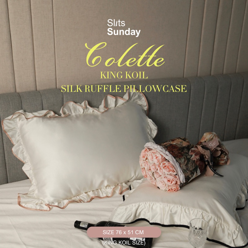 Slits Sunday Colette King Koil 真絲荷葉邊枕套枕套高級真絲蕾絲純色 Coquette Ae