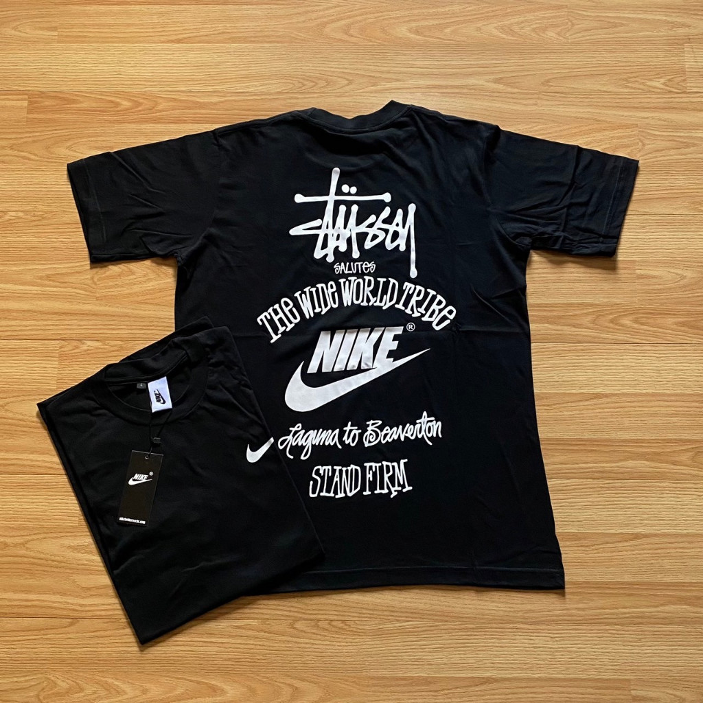 耐吉 Hitam Stussy X NIKE WORLD WIDE 黑色 T 恤品牌 T 恤