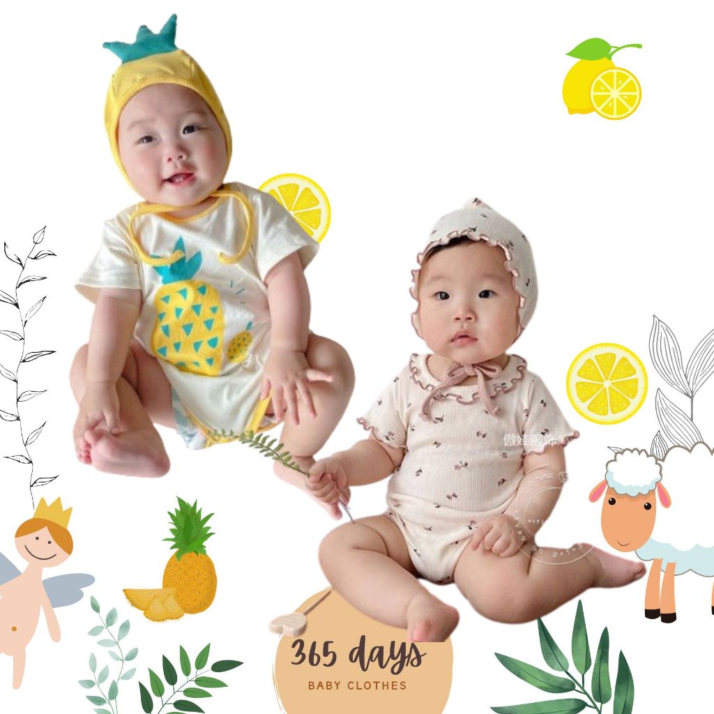 套頭衫和帽子套裝草莓菠蘿檸檬粉色花帽棉質材料質量新生兒 - 1 歲 6 個月