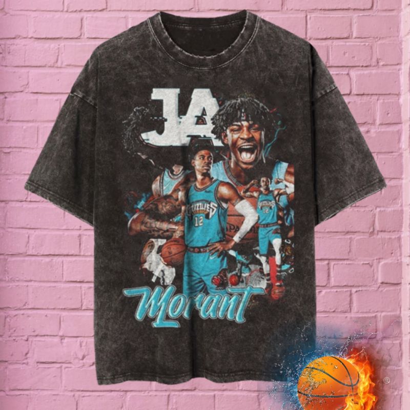 Ja Morant NBA 籃球運動員復古水洗 T 恤/NBA JA Morant 復古風格超大 T 恤
