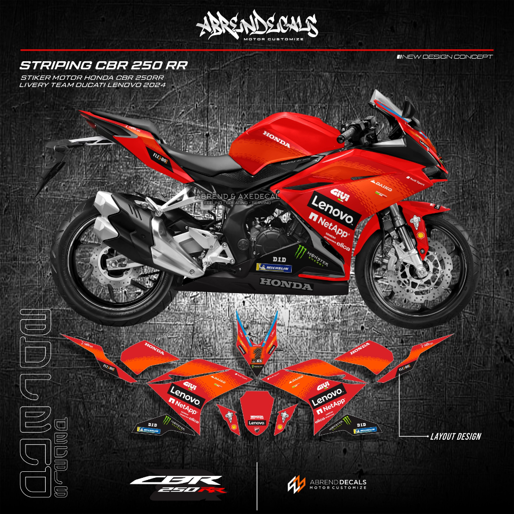 HONDA LENOVO 條紋 CBR 250 RR 塗裝聯想 2024 摩托車貼紙本田 CBR 250RR 設計定制變