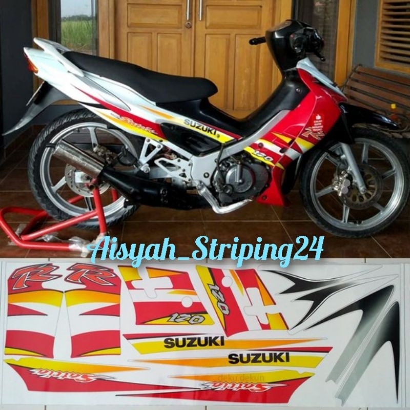 Putih MERAH Suzuki SATRIA Shark 120 R 2002 白色紅色摩托車車身條紋 LIS 貼