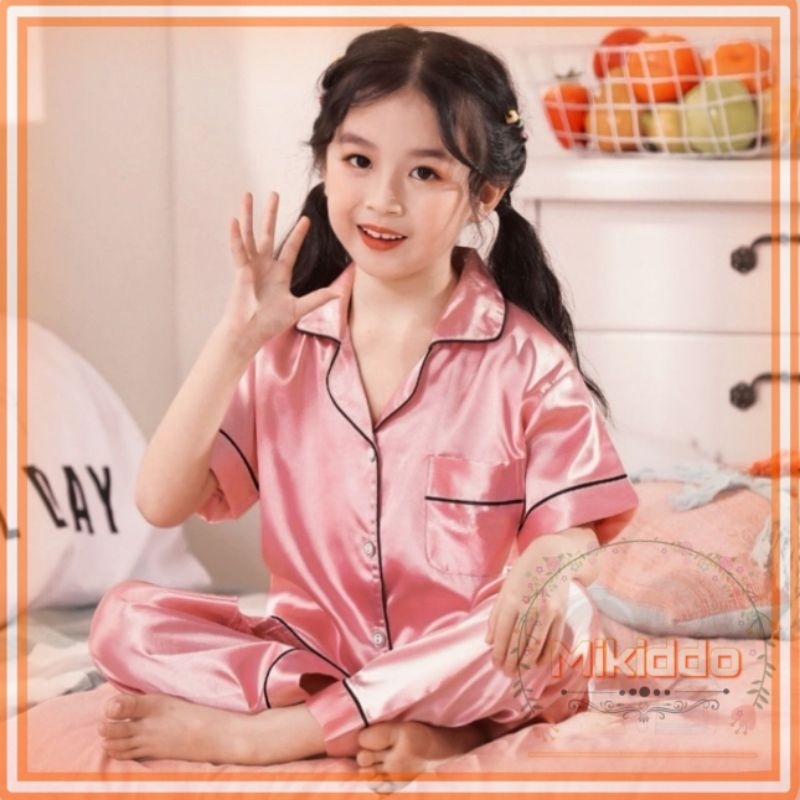 兒童睡衣睡衣套裝粉色緞面絲質素色短袖長褲