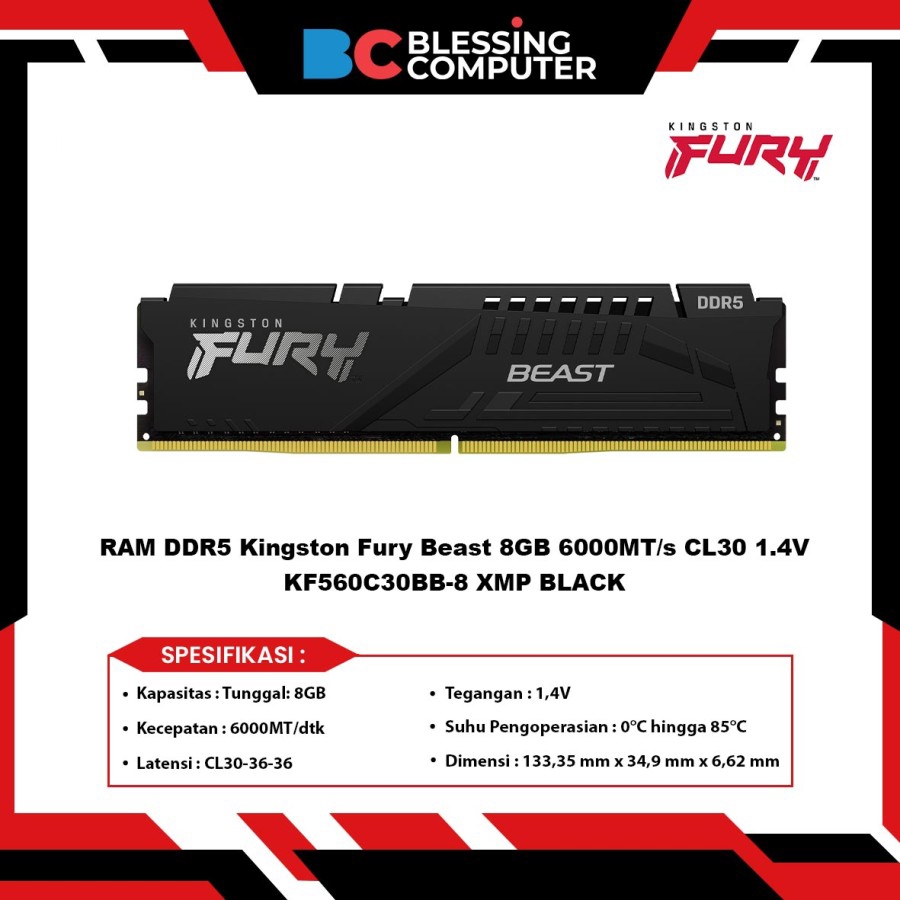 內存 DDR5 金士頓 Fury Beast 8GB 6000MT/s CL30 1.4V KF560C30BB-8 X