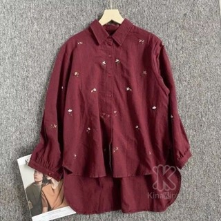 Kemeja 女式花卉刺繡襯衫刺繡超大亞麻襯衫上衣