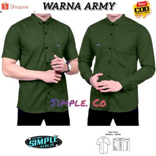 KEMEJA KATUN HIJAU 男式軍色襯衫軍綠色純色襯衫長袖短下擺棉質修身高階大號成人正式休閒襯衫