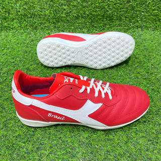 MERAH DRA Shoes 真皮五人制足球鞋紅白橡膠大底鋸齒草皮鞋尺碼 39-43