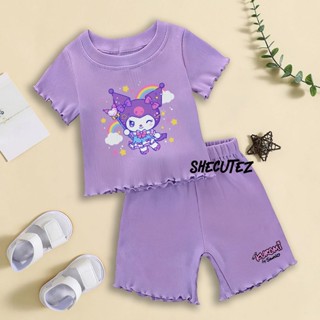 Katun 最新兒童套裝衣服落針棉質材料彩虹 Kuromi 圖案尺寸 4-7 歲短袖睡衣進口休閒男女童休閒裝男女皆宜