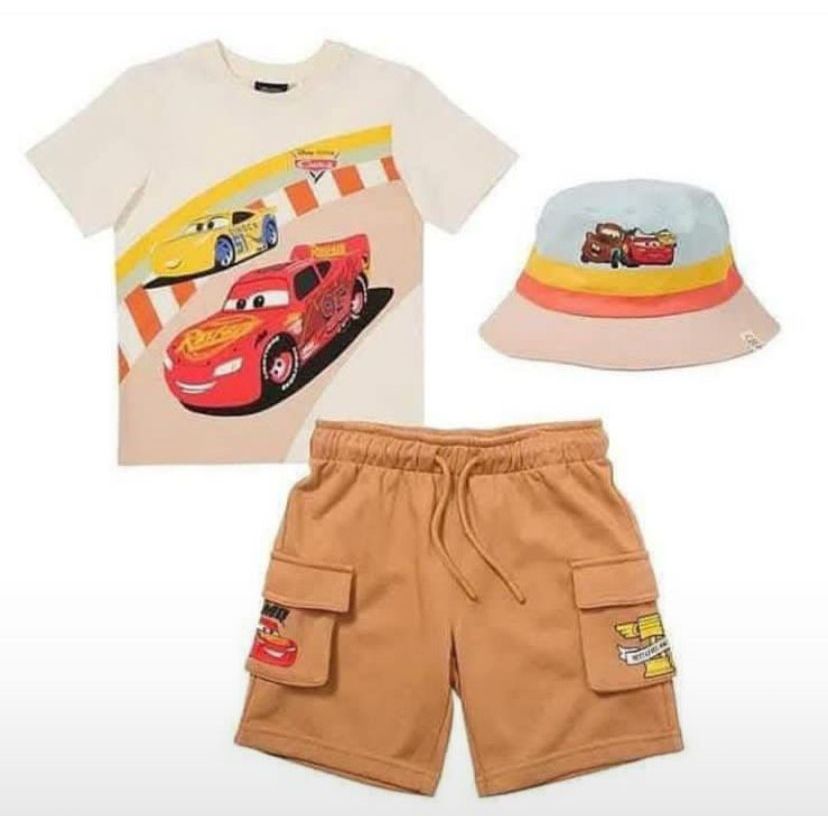 男孩衣服套裝 3 合 1 T 恤工裝褲汽車 Steve McQueen 汽車角色帽子