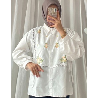 KEMEJA 花卉圖案刺繡襯衫韓式絲帶刺繡女式襯衫上衣