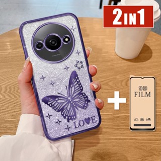 LAYAR 2 合 1 手機殼適用於 Redmi A3 A3x 手機殼帶螢幕保護膜帶鑽石蝴蝶設計水軟層閃亮粉紙和陶瓷膜