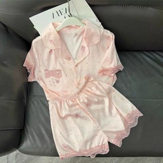 絲綢睡衣女睡衣絲綢睡衣絲綢睡衣韓式女式睡衣絲綢睡衣碎花天鵝圖案短袖短褲絲綢睡衣 N01