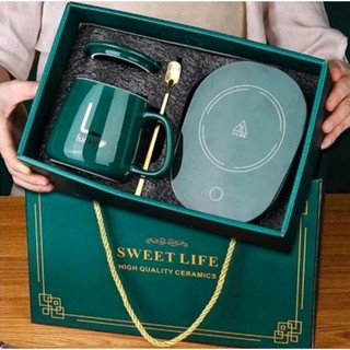 電動馬克杯套裝 55 度陶瓷咖啡加熱器豪華電動陶瓷杯和勺子