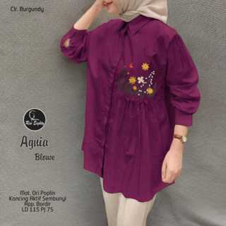 Katun 高階女式長袖襯衫 Aghnia Kemeja By Ria Busana 上衣襯衫襯衫花卉刺繡圖案柔軟府綢棉