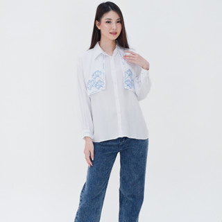 KEMEJA 女式襯衫上衣青少年成人長袖層刺繡花卉人造絲斜紋 Alyssa