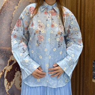 KEMEJA 025-3 刺繡襯衫正式上衣花卉印花女式襯衫