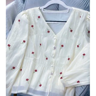 KEMEJA ROSELLA Shifon上衣長袖宮廷風刺繡燈籠腰袖襯衫復古襯衫