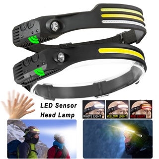 Cob LED 揮手感應頭燈 內置電池手電筒 防水硅膠釣魚燈 USB 可充電 10 種照明模式工作燈