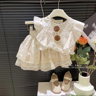 韓國童裝 女童套裝田園風時髦夏裝碎花白色飛袖上衣娃娃衫蛋糕裙短裙兩件套