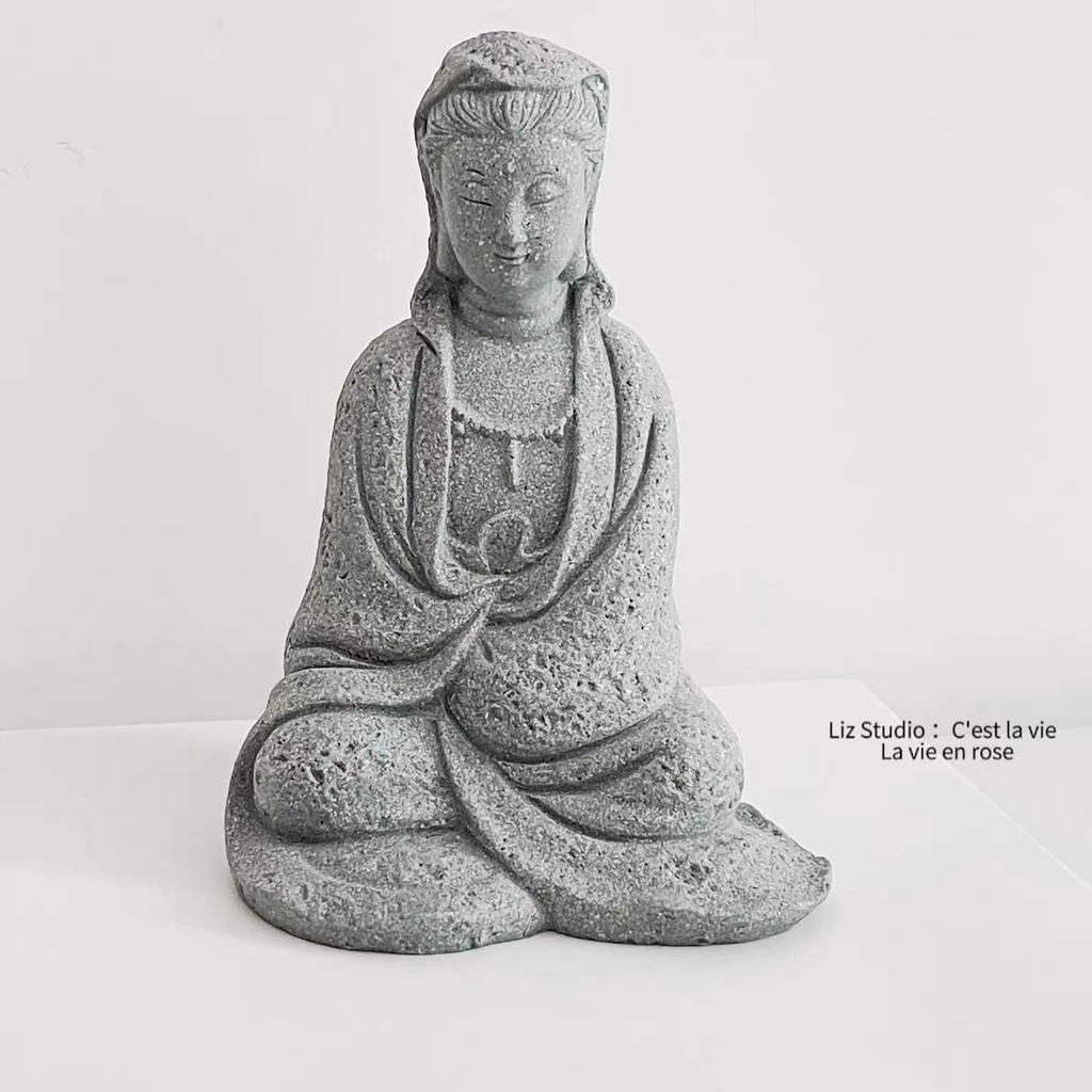 靜心觀音像石刻石雕菩薩佛像擺件禪意水泥砂岩中式茶寵古代裝飾品