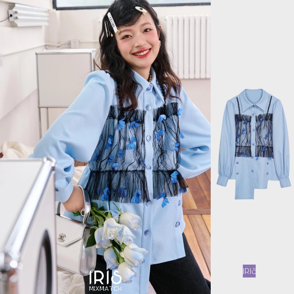 IRIS BOUTIQUE 泰國製造 春新款 蝶翼輕顫襯衫 藍色蕾絲拼接長袖襯衫女中性