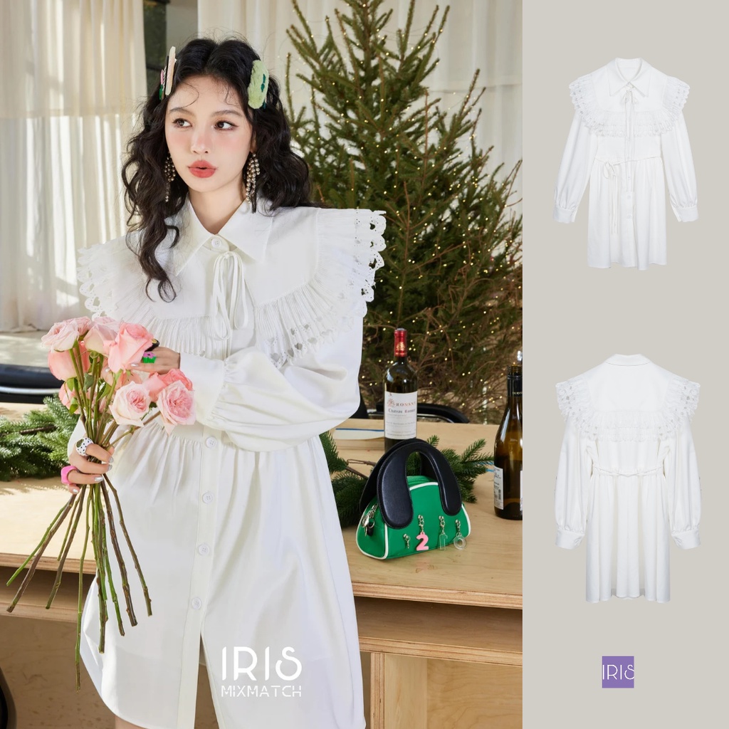 IRIS BOUTIQUE 泰國製造 小眾設計品牌 春新款 雲之語襯衫洋裝 木耳邊蕾絲純白長款洋裝女長袖