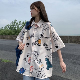 【YW】復古短袖襯衫女 大尺碼寬鬆短袖上衣 夏季BF設計感小眾百搭上衣 花襯衫 襯衫外套 女生襯衫 女裝 M-4XL