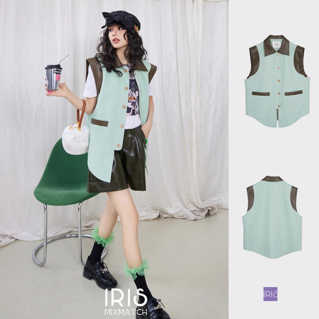 IRIS BOUTIQUE 泰國製造 春新款 外套青青森嶼馬甲 綠色拼接無袖中性