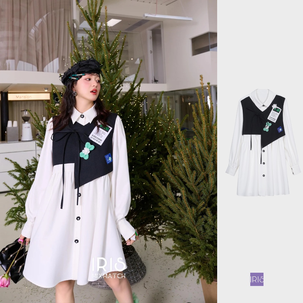 IRIS BOUTIQUE 泰國製造 小眾設計品牌 春新款 巴洛克少女撞色長款洋裝女長袖假兩件拼接設計