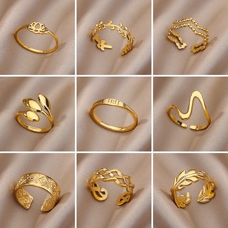 Kaijiang Cincin 簡約幾何開口戒指女士男士金色/銀色不銹鋼手指戒指魅力珠寶時尚配飾